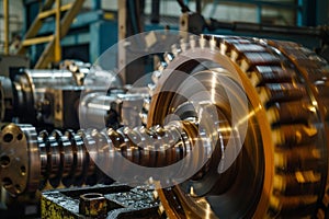 Massive gear structure in industrial setting. Neural network AI generated