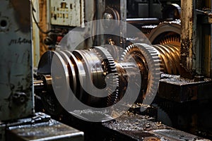Massive gear structure in industrial setting. Neural network AI generated