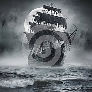 massive ghostly ship with tattered