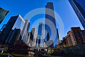 Massive Glass Skyscrapers and Chicago Buildings from the River