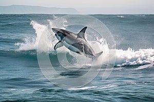 Massive Great White shark bursting out of the ocean waves