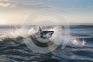 Massive Great White shark bursting out of the ocean waves