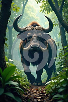 Massive herbivore amidst dense jungle undergrowth, Mesozoic, fauna, nature photo