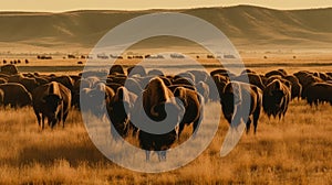 A massive herd of wild bison roaming across a yellow dry grassy landscape created with Generative AI