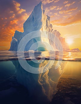 Massive iceberg with half part above the sea and a big chunk underwater. Warm arctic sunset scene, climate change conceptual