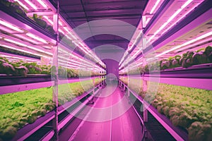 massive indoor farm, with rows upon rows of crops growing under led lights