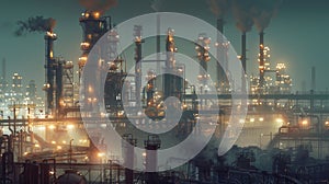 a massive industrial refinery, featuring intricate piping systems and engulfed in a chemical haze, illuminated by the