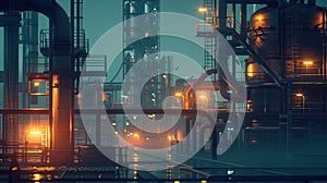 a massive industrial refinery, featuring intricate piping systems and engulfed in a chemical haze, illuminated by the