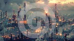 a massive industrial refinery, featuring intricate piping systems and engulfed in a chemical haze, illuminated by the