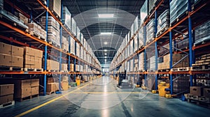 Massive Industrial Warehouse with High Shelves, Cardboard Boxes and Forklift. Distribution Center Storage Facility Interior