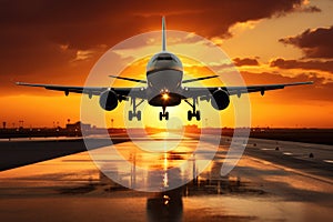 A massive jetliner soaring through the sky as it flies above a runway during the golden hour, large jetliner taking off from an