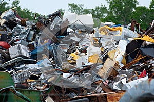 Massive junk yard pile of diverse trash of metal containers fencing insulation and cabinets