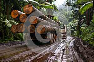 Massive logs being transported on a heavy truck through a lush green forest road in a timber logging scene.. AI