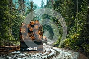 Massive logs being transported on a heavy truck through a lush green forest road in a timber logging scene.. AI