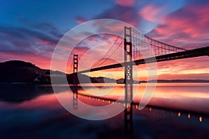 Massive long Golden Gate bridge, San Francisco at sunset