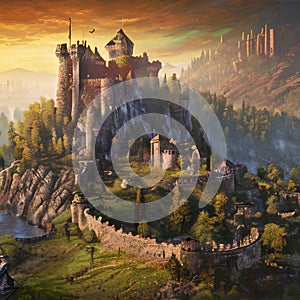 Massive medieval castle with fortifications in the style of Baroque painting ai Generated, generative AI, CGI graphics