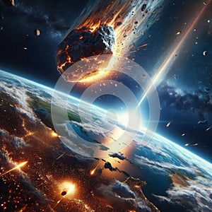 Massive meteor approaching Earth, seconds before impact during extinction event