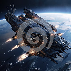 A massive military battlecruiser starship prepared to face its enemies in epic space battles