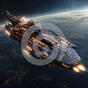 A massive military battlecruiser starship prepared to face its enemies in epic space battles