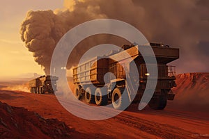 Massive Mining Trucks Hauling Iron Ore Across Vast Landscapes. Generative AI