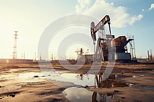 A massive oil pump rig against an industrial landscape, copy space