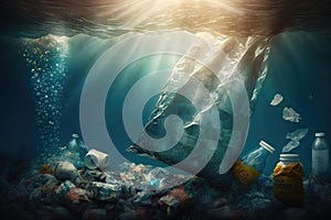 Massive plastic pollution of the sea bottom. Bottles, bags and other plastic garbage debris on seabed. Generative AI