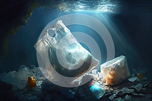 Massive plastic pollution of the sea bottom. Bottles, bags and other plastic garbage debris on seabed. Generative AI