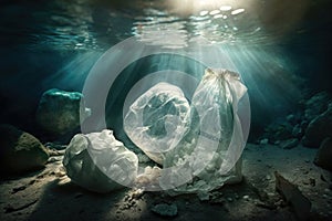 Massive plastic pollution of the sea bottom. Bottles, bags and other plastic garbage debris on seabed. Generative AI