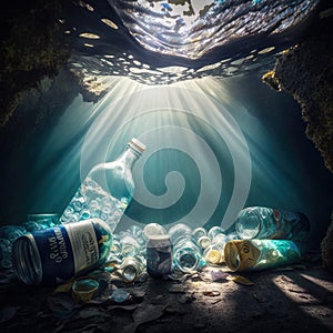 Massive plastic pollution of the sea bottom. Bottles and other plastic garbage debris on seabed. Generative AI