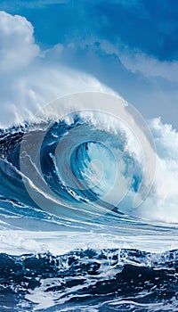 Massive and powerful ocean wave rising high against a backdrop of clear blue sky