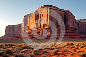 Massive Red Sandstone Butte with Rugged Layered Desert Formations