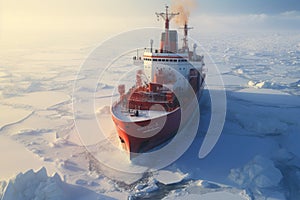 A massive red and white boat making its way across a frozen lake, Icebreaker ship making its way through the frozen Arctic Ocean,