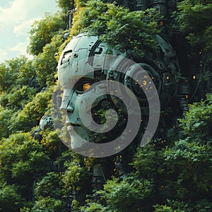 Massive robotic face covered with dense foliage on a futuristic structure photo
