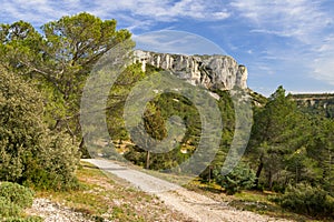 Massive rock formation in the Alpilles on a sunny day