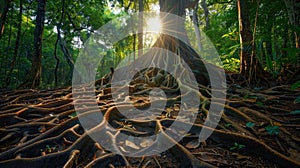 Massive Roots of an Ancient Tree in Lush Jungle Forest