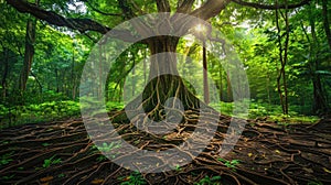 Massive Roots of an Ancient Tree in Lush Jungle Forest