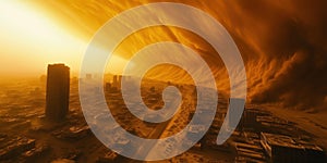 massive sandstorm engulfs cityscape, creating dramatic and chaotic atmosphere photo