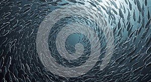 Massive School of Fish Swirling in a Vortex Underwater