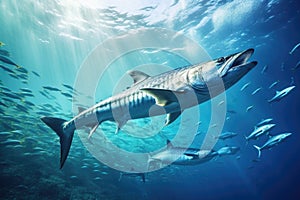 A massive shark swims effortlessly through a swirling mass of fish, dominating the underwater scene., School of Barracuda swimming