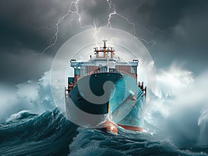Massive Ship Battling Fierce Storm in Open Sea. Generative AI.