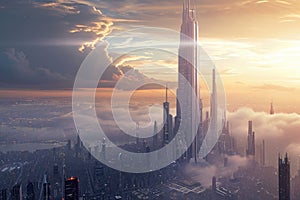 A massive, skyscraper reaching into the heavens amidst a sea of billowing clouds, A futuristic skyscraper rising high above the