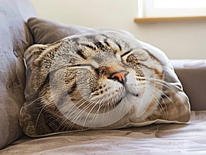 A massive, soft pillow featuring a high-resolution image of a beloved cat's face, a cozy touch to their living room