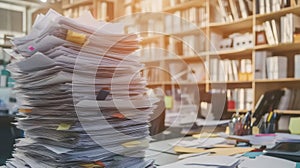 Massive stack of paperwork in a busy office environment