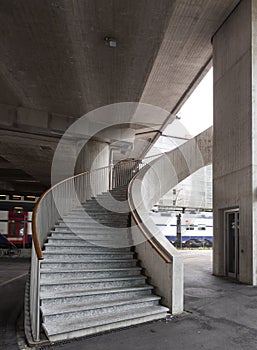 Massive staircase of a Swiss train station on a Sunday morning without people