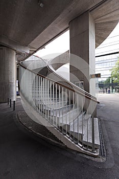 Massive staircase of a Swiss train station on a Sunday morning without people