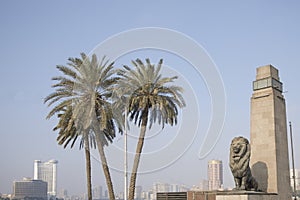 The massive statue of the lion decorates the Qasr El Nil bridge, connecting Cairo Downtown with Gezira Island in Cairo