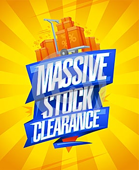 Massive stock clearance vector poster or web banner mockup with boxes on a shopping cart, ribbon and yellow rays