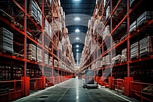 A massive storage area with towering racks and an assortment of packages, symbolizing the hub of commercial logistics