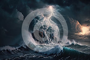 massive storm brewing in the ocean, with towering waves and lightning