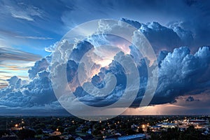 Massive storm clouds gather over small town at dusk
